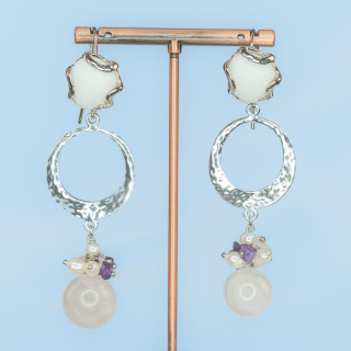 Bronze Hook Earrings With Set Cat's Eye And Pendant Of Stones And Pearls MOD3