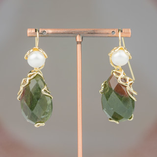 Pendientes de gancho de bronce con perlas de río y colgante de cabujón facetado 22x48 mm Ágata de la India Musgo