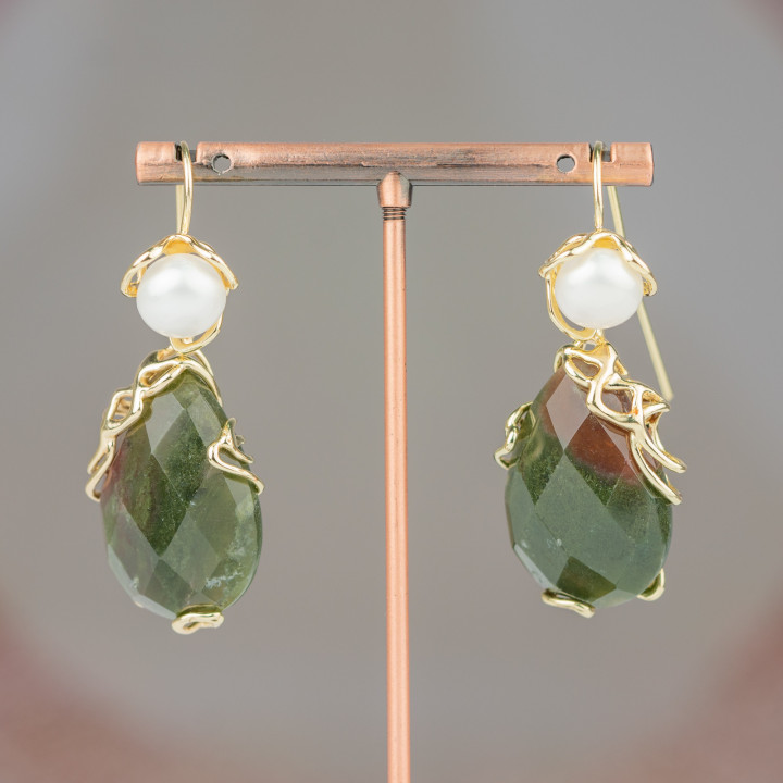 Boucles D'oreilles Crochet Bronze Perles De Rivière Et Pendentif Cabochon Facetté 22x48mm Agate Indienne Mousse