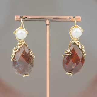Boucles D'oreilles Crochet En Bronze Avec Perles De Rivière Et Pendentif Cabochon Facetté 22x48mm Agate Indienne Foncé