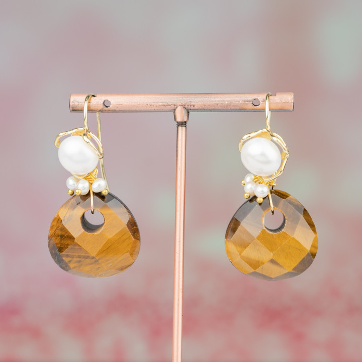 Pendientes de gancho de bronce con perlas de río y colgante de piedra dura de ojo de tigre de 25x50 mm