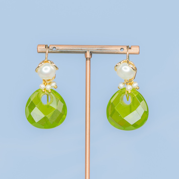 Bronze Hook Earrings With River Pearls And Hard Stone Pendant 25x50mm Peridot