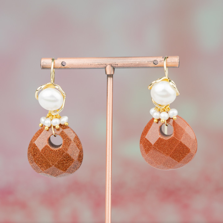 Boucles d'oreilles à crochet en bronze avec perles de rivière et pendentif en pierre dure 25x50 mm Pierre de soleil synthétique