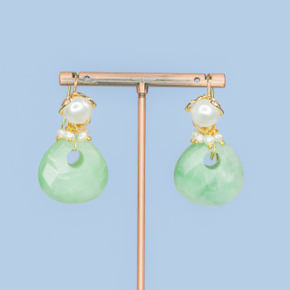 Boucles D'oreilles Crochet En Bronze Avec Perles De Rivière Et Pendentif En Pierre Dure Verte 25x50mm