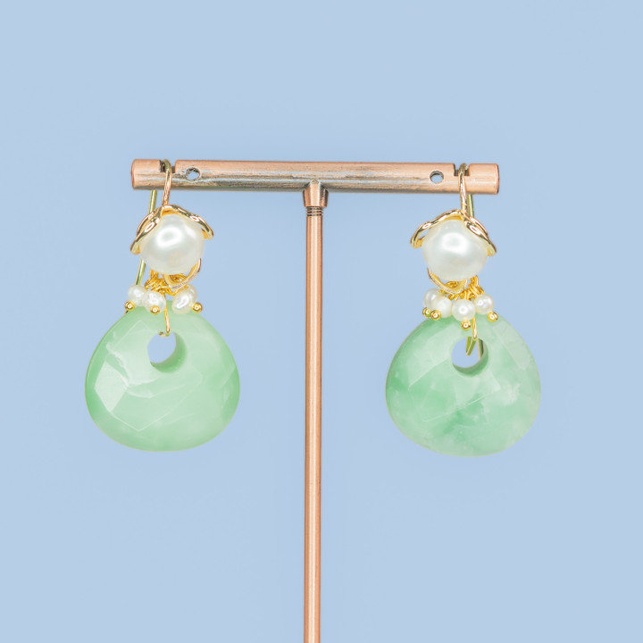 Bronze Earrings With River Pearls And Hard Stone Pendant 25x50mm Green