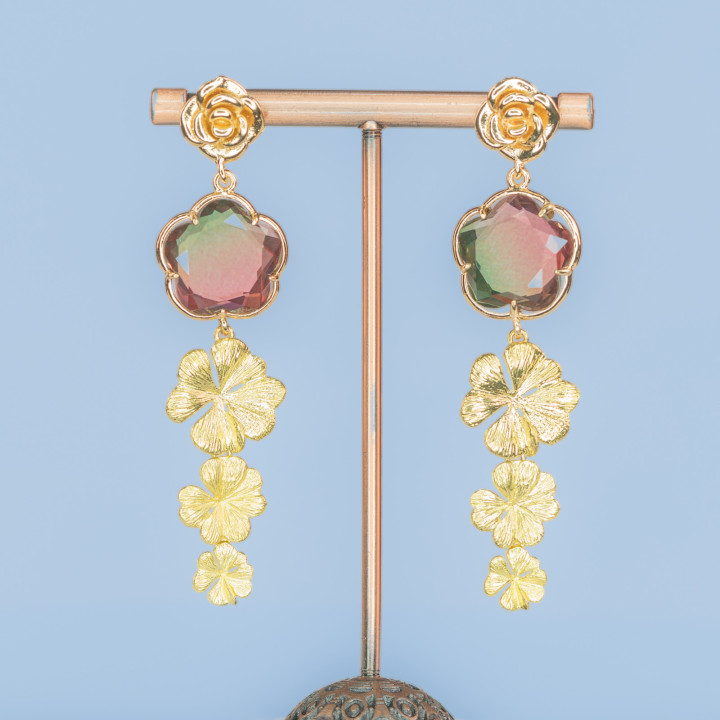 Boucles d'Oreilles Crochet Fleur en Bronze avec Set Oeil de Chat et Elément 18x66mm MOD2