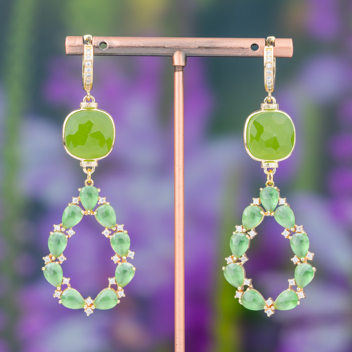 Boucles D'oreilles Tiges En Bronze Avec Cabochon Oeil De Chat Et Goutte Fantaisie 25x72mm MOD2