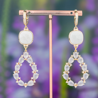 Boucles D'oreilles Tiges En Bronze Avec Cabochon Oeil De Chat Et Goutte Fantaisie 25x72mm MOD5