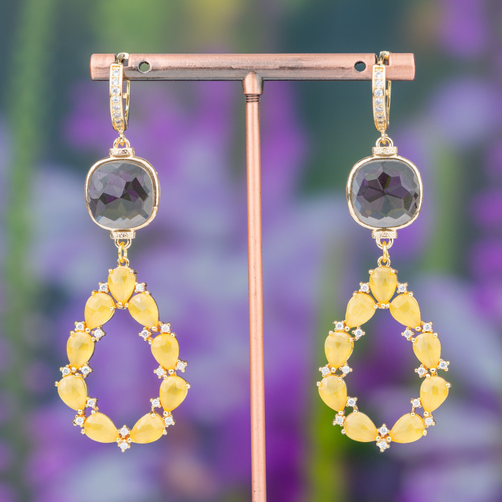 Χάλκινα καρφωτά σκουλαρίκια με Cat's Eye Cabochon και Fantasy Drop 25x72mm MOD6