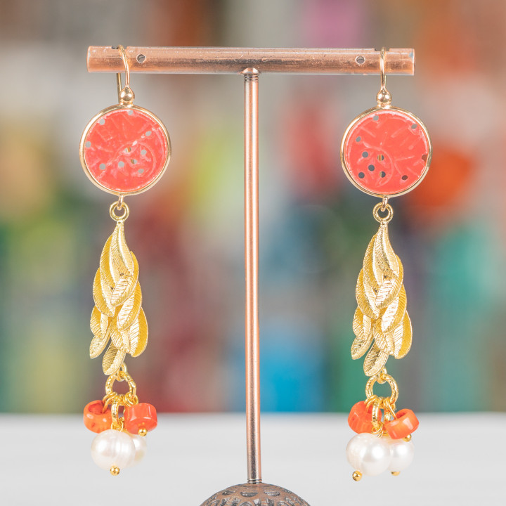 Boucles D'oreilles Tiges En Bronze Avec Jade De Birmanie Et Perles Avec Corail Rouge 17x72mm