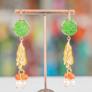 Aretes De Bronce Con Jade De Birmania Y Perlas Con Coral Verde 17x72mm