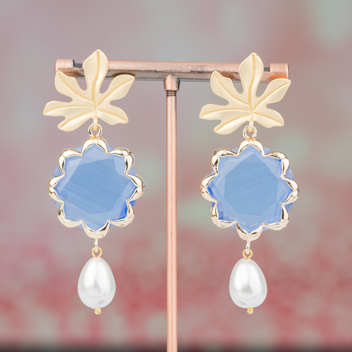 Ohrstecker aus Bronze mit Blumen-Katzenauge und mallorquinischen Perlen 30x68mm Indigo