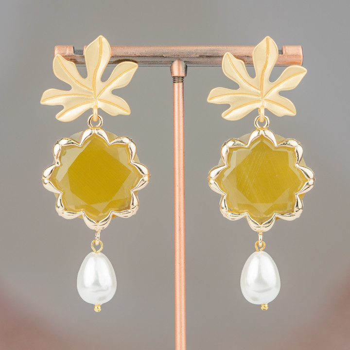 Boucles D'oreilles Tiges Bronze Oeil De Chat Fleur Et Perles De Majorque 30x68mm Moutarde
