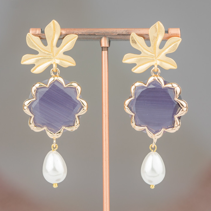 Boucles D'oreilles Tiges En Bronze Oeil De Chat Fleur Et Perles De Majorque Violettes 30x68mm