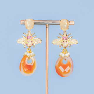 Boucles D'oreilles Tiges Oeil De Chat En Bronze Avec Composant Abeille Avec Zircons Et Pendentif Pierre Dure 28x63mm Cornaline D