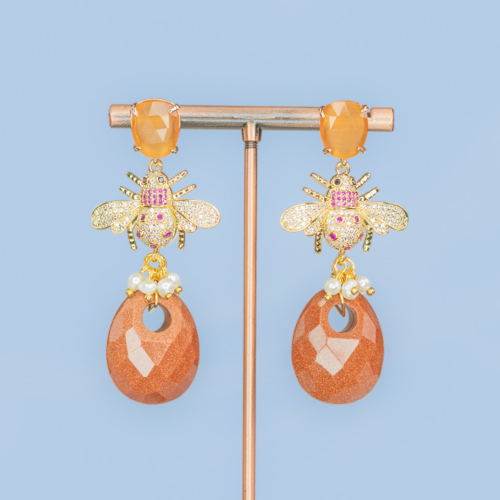 Μπρούτζινα καρφωτά σκουλαρίκια με γατίσιο μάτι και συστατικό μέλισσας με ζιρκόν και μενταγιόν από σκληρή πέτρα 28x63 χιλιοστά Χρ