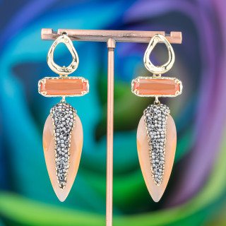 Aretes rectangulares de bronce ojo de gato con gotas de marcasita 22x70 mm naranja