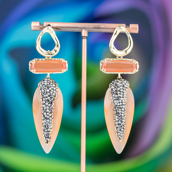 Orecchini A Perno Di Bronzo Con Occhio Di Gatto Rettangolo E Goccia Con Marcasite 22x70mm Arancio