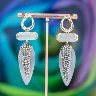 Pendientes Bolitas De Bronce Con Ojo De Gato Rectangular Y Gota Con Marcasita 22x70mm Gris