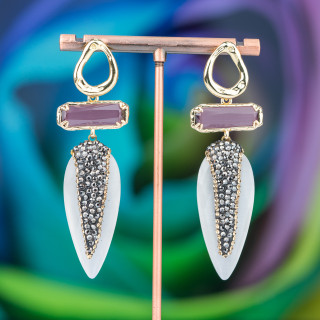 Bronze Stud Earrings with Rectangle Cat's Eye and Drop with Marcasite 22x70mm Purple White