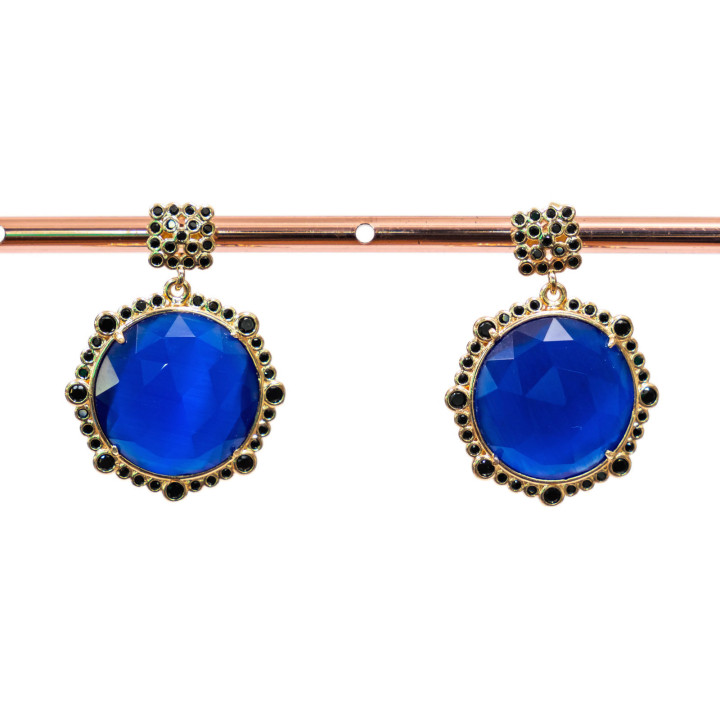 Boucles D'oreilles Tiges Bronze Avec Pierres Serties Et Zircons 24x32mm Noir Bleu