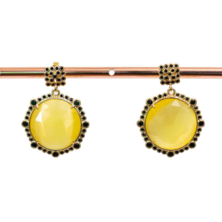 Boucles D'oreilles Tiges Bronze Avec Pierres Serties Et Zircons 24x32mm Noir Jaune