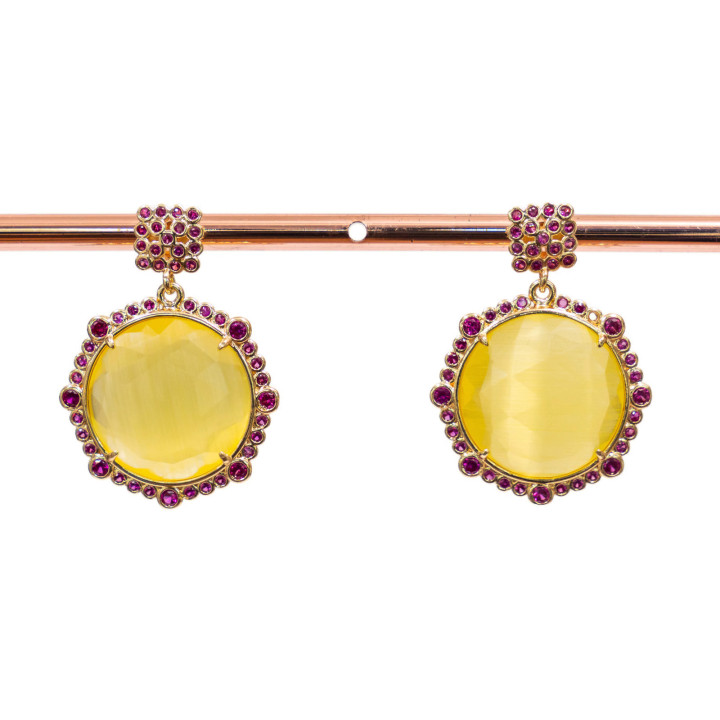 Bronze Stud Earrings with Set Stones and Zircons 24x32mm Red Yellow