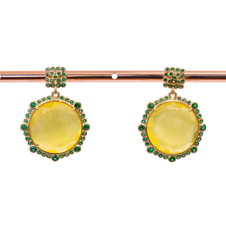 Orecchini Di Bronzo A Perno Con Pietre Incastonate E Zirconi 24x32mm Verde Giallo