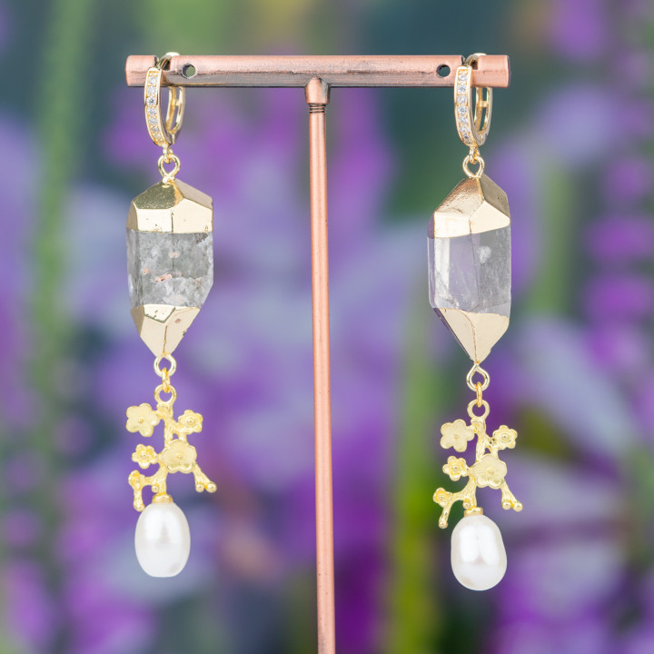 Pendientes De Bronce Con Colgante De Cuarzo Hematoide Bañado En Oro Y Perlas De 70-80mm