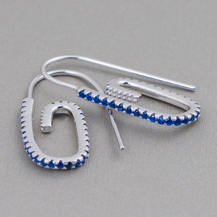 925 Silver Hook Earrings With Micropave' Zircons 12x28mm 2 Pairs Rhodium Plated Blue