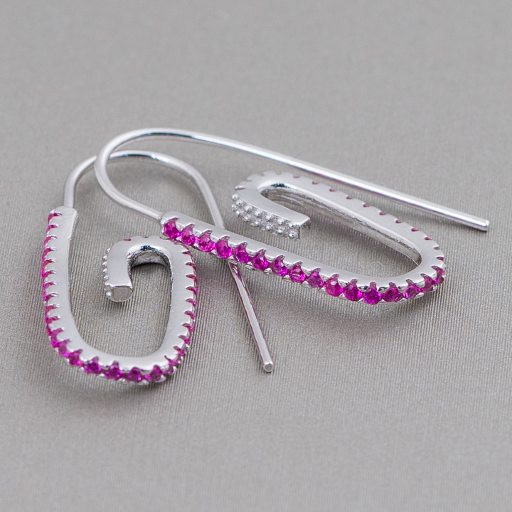 Pendientes Gancho Plata 925 Con Micropave Circonitas 12x28mm 2 Pares Rodio Rojo