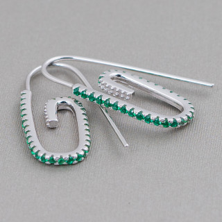 Boucles d'Oreilles Crochet Argent 925 Avec Zircons Micropave 12x28mm 2 Paires Vert Rhodié