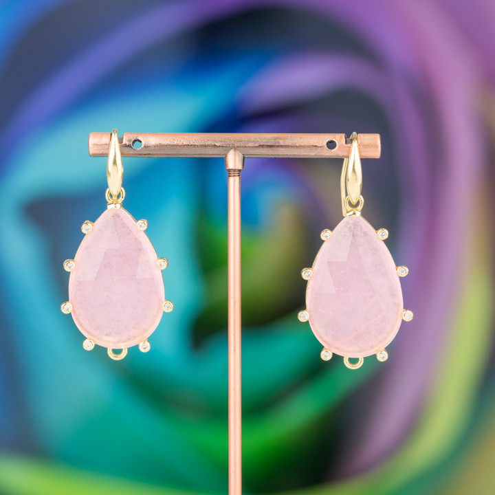 Orecchini Monachella Di Argento 925 Con Occhio Di Gatto Goccia Con Punti Luce 23x45mm Dorato Rosa