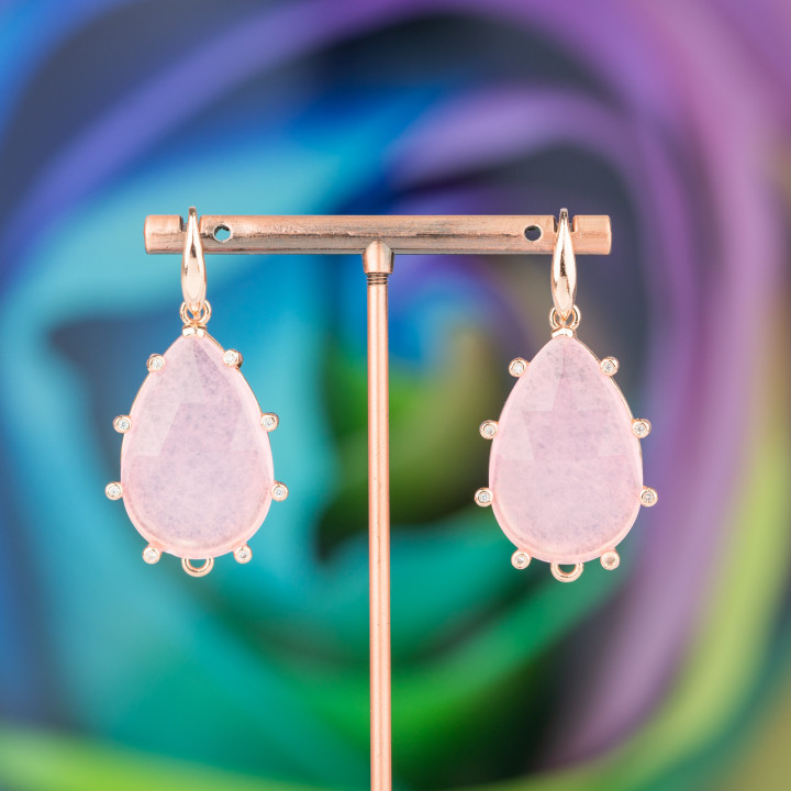 Pendientes Gancho Plata Con Gota Ojo De Gato Con Puntos De Luz 23x45mm Oro Rosa Rosa