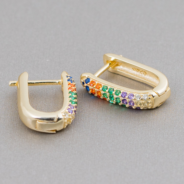 Orecchini Perno Chiuso Di Argento 925 Con Zirconi Micropave' 11x15mm 2 Paia Dorato Multicolor