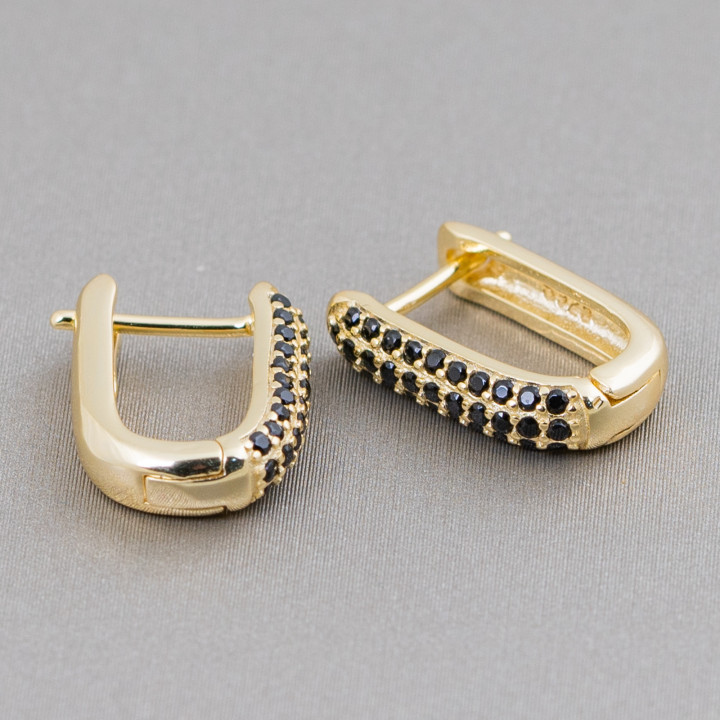 Closed Stud Earrings Of 925 Silver With Micropave' Zircons 11x15mm 2 Pairs Golden Black