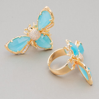 Bague Bronze Oeil De Chat Et Abeille 31x45mm Taille Ajustable Doré Aqua