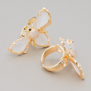 Anello Regolabile in Bronzo Dorato Collezione NATURE con Occhio Di Gatto Ad Ape 31x45mm   Bianco | Gioiello Artigianale Donna