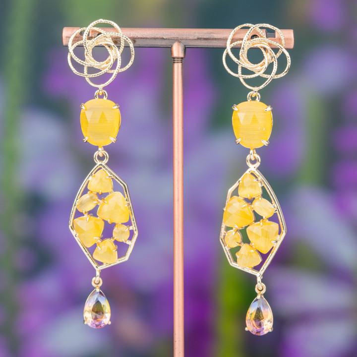 Boucles D'oreilles Tiges En Bronze Avec Oeil De Chat Et Cubic Zirconia Drop 16x80mm MOD3