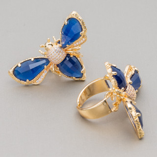 Anello Regolabile in Bronzo Dorato Collezione NATURE con Occhio Di Gatto Ad Ape 31x45mm   Blu Zarffiro | Gioiello Artigianale D