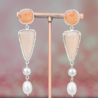 Aretes De Bronce Con Ojo De Gato Y Perlas 15x72mm Melocotón