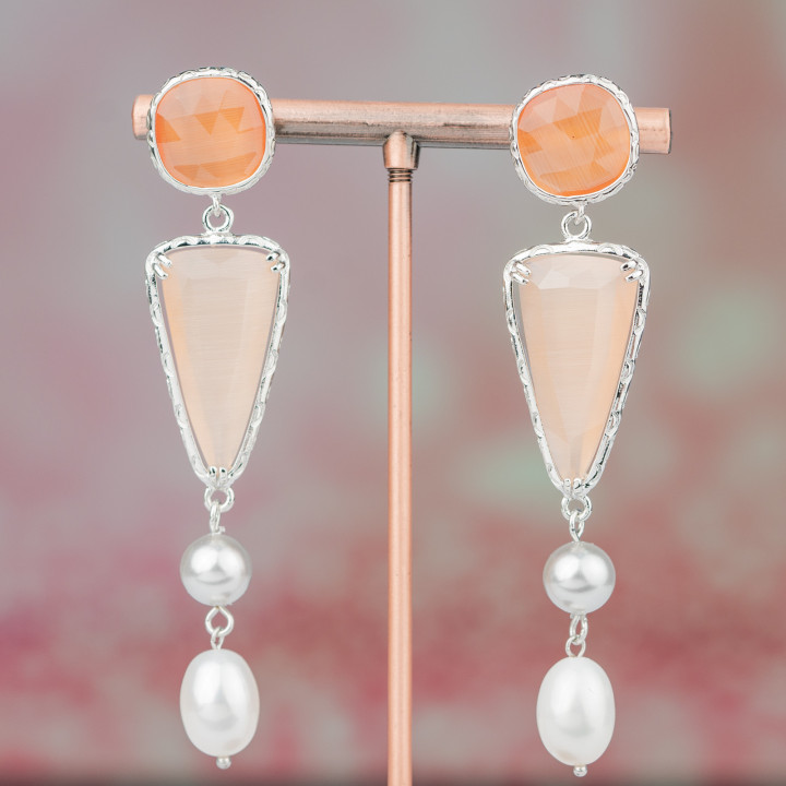 Bronze Stud Earrings With Cat's Eye And Pearls 15x72mm Peach