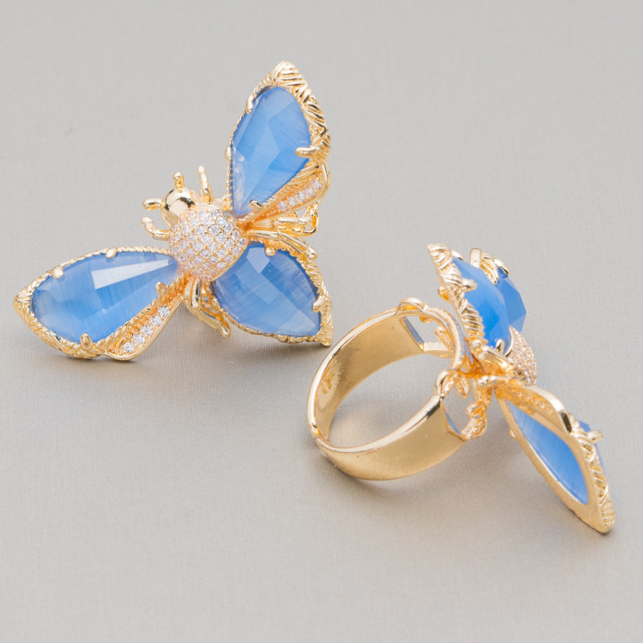 Bague Bronze Oeil De Chat Et Abeille 31x45mm Taille Ajustable Doré Céleste