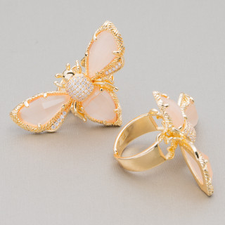 Bague Bronze Oeil De Chat Et Abeille 31x45mm Taille Ajustable Doré Champagne