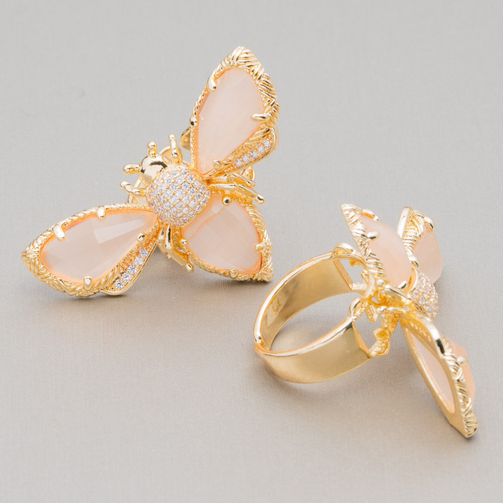 Anello Regolabile in Bronzo Dorato Collezione NATURE con Occhio Di Gatto Ad Ape 31x45mm   Pesca | Gioiello Artigianale Donna