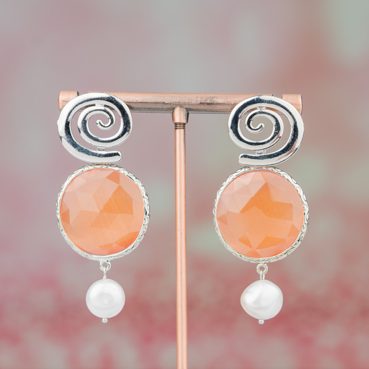 Boucles d'Oreilles Tiges Bronze Oeil de Chat Rond Sertie 24x40 mm Plaqué Rhodium Pêche