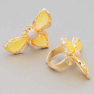 Anello Regolabile in Bronzo Dorato Collezione NATURE con Occhio Di Gatto Ad Ape 31x45mm   Giallo | Gioiello Artigianale Donna