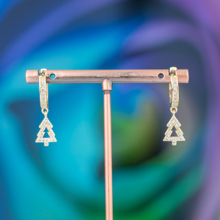 Pendientes Bolitas De Bronce Con Circonitas Y Colgante Fantasía 9x26mm Arbol Blanco Dorado