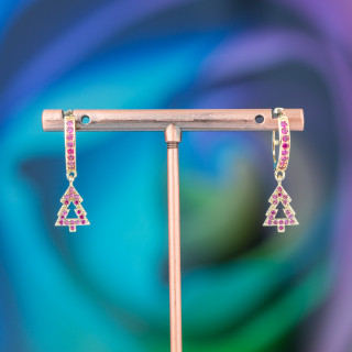 Bronze Stud Earrings With Zircons And Fantasy Pendant 9x26mm Pink Golden Tree