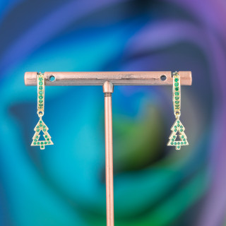 Boucles D'oreilles Tiges Bronze Avec Zircons Et Pendentif Fantaisie 9x26mm Arbre Vert Doré